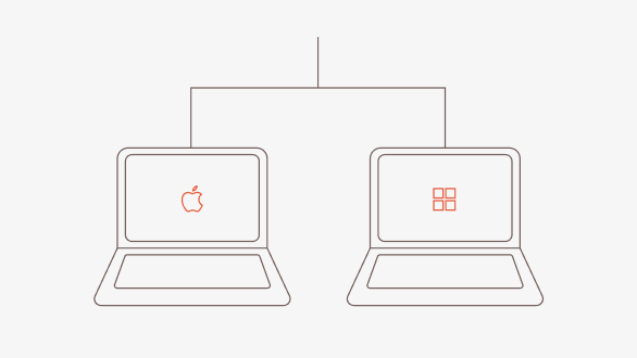 Diagram of two laptops connected by lines, one displaying the Apple logo and the other displaying the Windows logo.